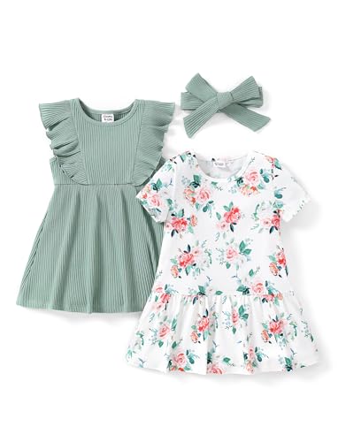 PATPAT Baby Mädchen Kleid Set, Packung mit 2 Süßes Sommerkleider Ärmellos Rüschen Prinzessin Kleider Kurze Ärmel, Kleinkind A-Linien-Kleid für Hochzeit Geburtstag Party Bankett Urlaub, 3-24 Monate von PATPAT