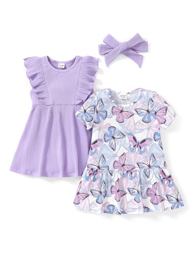 PATPAT Baby Mädchen Kleid Set, Packung mit 2 Süßes Sommerkleider Ärmellos Rüschen Prinzessin Kleider Kurze Ärmel, Kleinkind A-Linien-Kleid für Hochzeit Geburtstag Party Bankett Urlaub, 3-24 Monate von PATPAT
