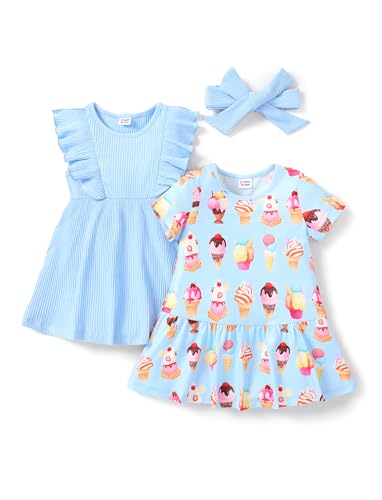 PATPAT Baby Mädchen Kleid Set, Packung mit 2 Süßes Sommerkleider Ärmellos Rüschen Prinzessin Kleider Kurze Ärmel, Kleinkind A-Linien-Kleid für Hochzeit Geburtstag Party Bankett Urlaub, 3-24 Monate von PATPAT