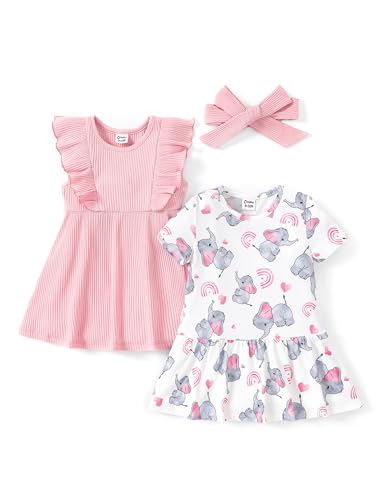 PATPAT Baby Mädchen Kleid Set, Packung mit 2 Süßes Sommerkleider Ärmellos Rüschen Prinzessin Kleider Kurze Ärmel, Kleinkind A-Linien-Kleid für Hochzeit Geburtstag Party Bankett Urlaub, 3-24 Monate von PATPAT