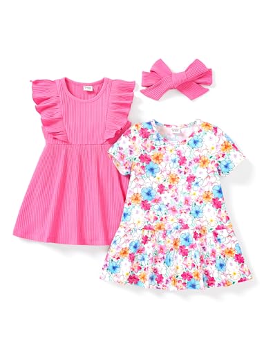 PATPAT Baby Mädchen Kleid Set, Packung mit 2 Süßes Sommerkleider Ärmellos Rüschen Prinzessin Kleider Kurze Ärmel, Kleinkind A-Linien-Kleid für Hochzeit Geburtstag Party Bankett Urlaub, 3-24 Monate von PATPAT