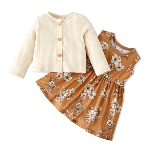 PATPAT Baby Mädchen Kleid und Strickjacke Sets, 2 Stück, Baby Mädchen Blumenmuster Kleid und Langarm Strickjacken-Set Farbblock 12–18 Monate von PATPAT