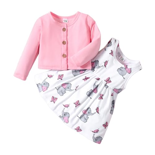 PATPAT Baby Mädchen Kleid und Strickjacke Sets, 2 Stück, Baby Mädchen Blumenmuster Kleid und Langarm Strickjacken-Set ROSA 6-9 Monate von PATPAT