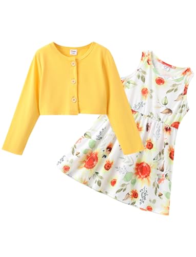 PATPAT Baby Mädchen Kleid und Strickjacke Sets, 2 Stück Baby Mädchen Blumenmuster Kleid und Langarm Strickjacken-Set, Gelb 4-5Y, Gr. 105-110 cm von PATPAT