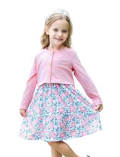PATPAT Baby Mädchen Kleid und Strickjacke Sets, 2 Stück Baby Mädchen Blumenmuster Kleid und Langarm Strickjacken-Set, Hellrosa 4-5Y, Gr. 105-110 cm von PATPAT