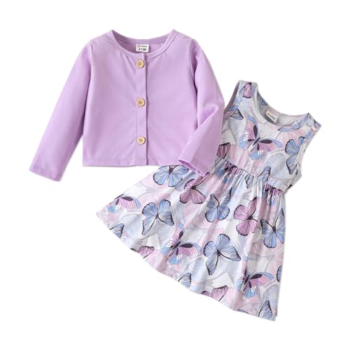PATPAT Baby Mädchen Kleid und Strickjacke Sets, 2 Stück Baby Mädchen Blumenmuster Kleid und Langarm Strickjacken-Set, Lila 3Y, Gr. 90-98 cm von PATPAT