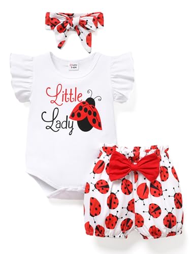 PATPAT Kleinkind Baby Kleidung Mädchen Tufkleid, Kurzarm Rüschen Kurzarm Cartoon Strampler Neugeborene + Bowknot Shorts + Stirnband Newborn Baby Set, 3Pcs Sachen Sommer Geschenk von PATPAT