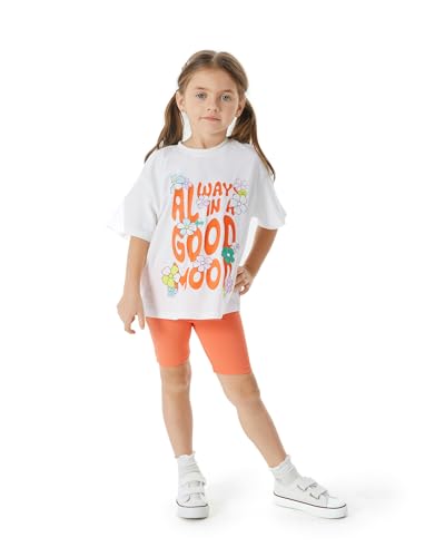 PATPAT Bekleidungssets Mädchen Kleidung Radlerhose Kinder, Kurzarm T-Shirt Top + Sport Radtrikot Leggings Shorts Trainingsanzug Mädchen, Teenager Activewear Party Sommer Geschenk Orange 4-5 Jahre von PATPAT