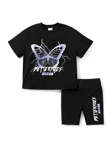 PATPAT Bekleidungssets Mädchen Kleidung Radlerhose Kinder, Kurzarm T-Shirt Top + Sport Radtrikot Leggings Shorts Trainingsanzug Mädchen, Teenager Activewear Party Sommer Geschenk Schwarz 5-6 Jahre von PATPAT