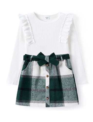 PATPAT Bekleidungssets für Mädchen A-Linie Plaid Rock Set, Komfortable Stoffe Kleinkind Mädchen Mode Kleidung 2Pcs Outfits Set - Ideal für Schule, Freizeit und Outdoor, Grün, 5-6 Jahre, 110-116 von PATPAT