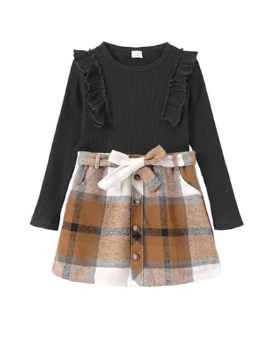 PATPAT Bekleidungssets für Mädchen A-Linie Plaid Rock Set, Komfortable Stoffe Kleinkind Mädchen Mode Kleidung 2Pcs Outfits Set - Ideal für Schule, Freizeit und Outdoor, Schwarz, 6-7 Jahre, 117-122 von PATPAT