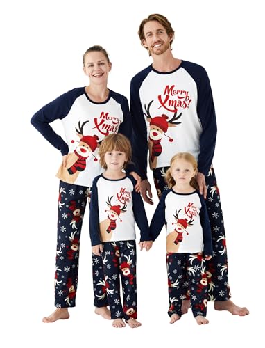 PATPAT Familie Passende Weihnachten Pyjamas Baum Schneeflocke und Buchstaben Drucken Nachtwäsche Langarm Pyjamas Sets Familie Xmas Outfits Dunkelblau Kinder: 4-5 Jahre von PATPAT