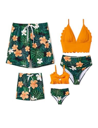 PATPAT Familien Outfit Bikini Set, Einfarbig Muschel Schnürung Zweiteilig Hawai Tropisch Strandbikini & Badehose, Badeanzug für Mutter Tochter, Bademode Bikinislip für Mädchen 8-9 Jahre von PATPAT