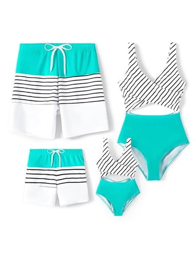 PATPAT Familien Outfit Bikini Set, Gestreift|Einteilig Zweiteilig Hawai Tropisch Strandbikini & Badehose, Badeanzüge für Mutter Tochter, Bademode Bikinislip für Paar Couple Jungen 8-9 Jahre von PATPAT