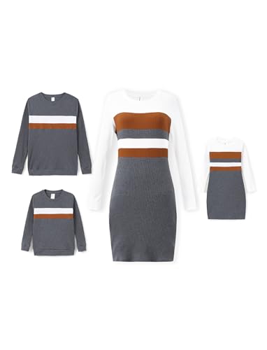 PATPAT Familien Outfit Set Langarm Herbst, Partnerlook Mutter Tochter Kleid Mutter Kind Kleider Mama Tochter Kleidung, einschließlich Partner Tshirt, einzigartigem Design, Grau, Mädchen: 4-5 Jahre von PATPAT