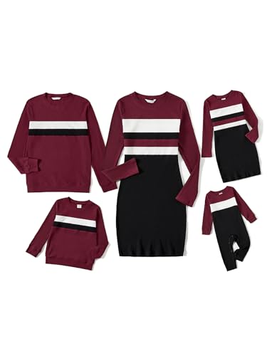 PATPAT Familien Outfit Set Langarm Herbst, Partnerlook Mutter Tochter Kleid Mutter Kind Kleider Mama Tochter Kleidung, einschließlich Partner Tshirt, einzigartigem Design, Rotwein, Mädchen: 3-4 Jahre von PATPAT
