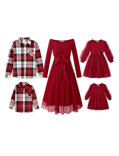 PATPAT Familien Outfit Set Langarm - Partnerlook Mutter Tochter Kleid,Mama Kind Kleider Prinzessin Festlich,Eltern Kind Outfit,Family Matching Passende Outfits,Herbst & Frühling-Mädchen:8-9 Jahre von PATPAT