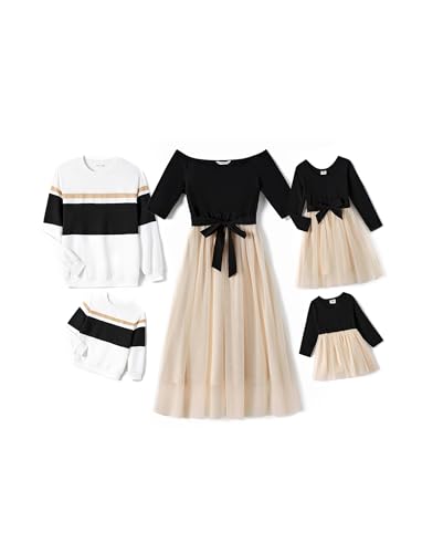 PATPAT Familien Outfit Set Langarm - Partnerlook Mutter Tochter Kleid Langarm T-Shirt & Mutter Kind Kleider Mama Tochter Kleidung für Herbst & Frühling, Schwarz, Mädchen: 6-7 Jahre von PATPAT