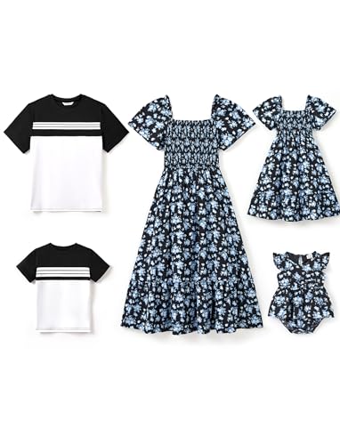 PATPAT Familien Outfits Set Kurzarm Boho-Stil, Partnerlook Mutter Tochter Kleid, Passende T-Shirt & Mutter Kind Kleider Mama Tochter Kleidung Sommer, Couple Paare Herren Damen Jungen Mädchen Baby von PATPAT