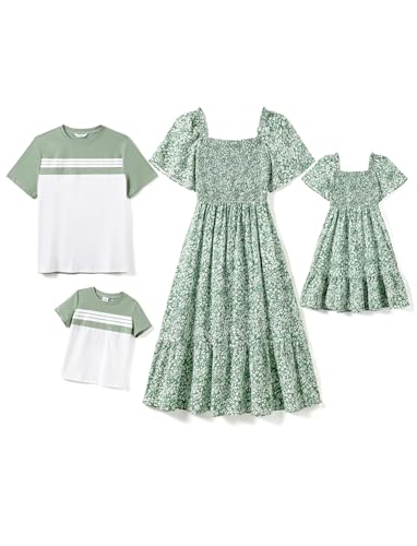 PATPAT Familien Outfits Set Kurzarm Boho-Stil, Partnerlook Mutter Tochter Kleid, Passende T-Shirt & Mutter Kind Kleider Mama Tochter Kleidung Sommer, Couple Paare Mädchen Grün Weiß 4-5 Jahre von PATPAT
