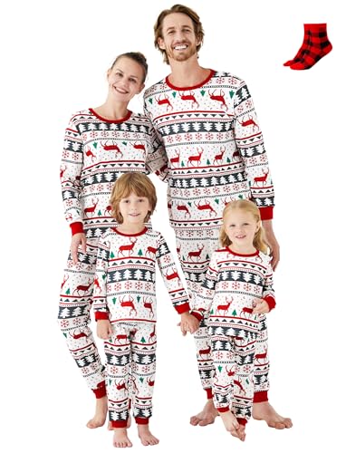 PATPAT Familien Weihnachtspyjama Set, Partner Pyjama Familie Set, Weihnachtsoutfit für Familie, Mutter Tochter Kleidung - Komfortables Weihnachtskleidung Familie Set, Elche Weiß, Haustier von PATPAT