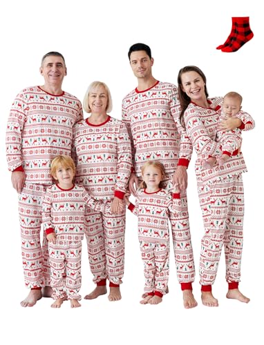 PATPAT Familien Weihnachtspyjama Set, Partner Pyjama Familie Set, Weihnachtsoutfit für Familie, Mutter Tochter Kleidung - Komfortables Weihnachtskleidung Familie Set, Rot-weiß, Damen: L von PATPAT
