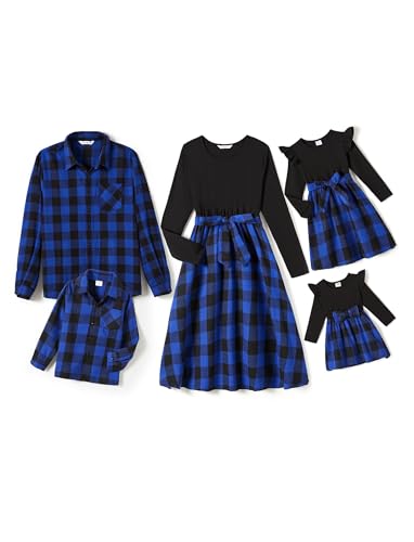 PATPAT Familienoutfit Karo Familienporträts (Hemd + Kleid), Mutter Tochter Outfit Mama Partnerlook, Mommy and Me, Fotografie Reisen Versammlungen Familienrituale, BlauMädchen8-9 Jahre von PATPAT