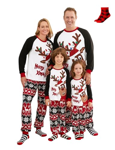 PATPAT Weihnachtspyjama Familie Set - Christmas Pyjama, Matching Pyjamas Couple, Partner Pyjama, Weihnachtsoutfit Familie, Pyjama Set für Vater Mutter Kinder Kids Baby mit Socken von PATPAT