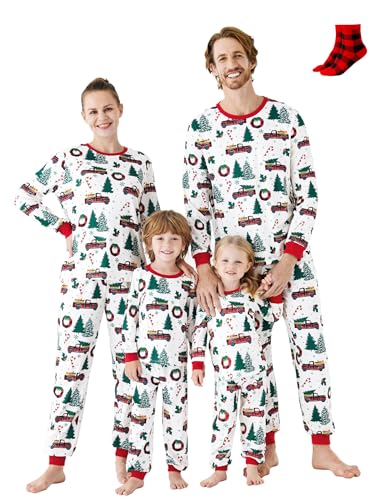 PATPAT Familienpassende Weihnachtspyjamas inklusive Weihnachtssocken, Komplettset mit Weihnachtsbaum- und Auto-Print, Langarm-Oberteil und Unterteil von PATPAT