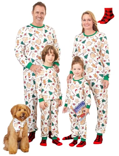 PATPAT Familienpassende Weihnachtspyjamas inklusive Weihnachtssocken, Komplettset mit Weihnachtsbaum- und Auto-Print, Langarm-Oberteil und Unterteil von PATPAT