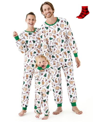 PATPAT Familienpassende Weihnachtspyjamas inklusive Weihnachtssocken, Komplettset mit Weihnachtsbaum- und Auto-Print, Langarm-Oberteil und Unterteil von PATPAT