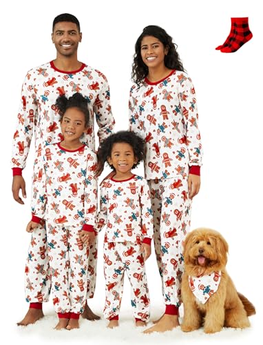 PATPAT Familienpassende Weihnachtspyjamas inklusive Weihnachtssocken, Komplettset mit Weihnachtsbaum- und Auto-Print, Langarm-Oberteil und Unterteil von PATPAT