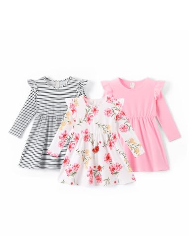 PATPAT Kleid Mädchen 3er Set: Langarm Prinzessin Kleid Rundhals Kinderkleider Einschulung mädchen Kleidung Mädchenkleider Ideal für Festlich, Geburtstag, Rosa Gr.116-122, 6-7 Jahre von PATPAT