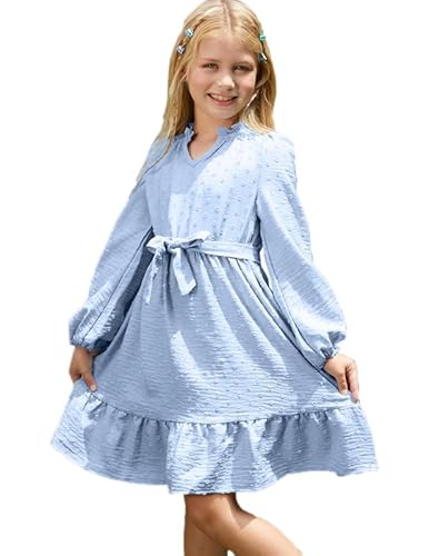 PATPAT Kleider für Mädchen in Prinzessin-Stil - Langarm Mädchenkleider mit dem perfekten Design für Teenager - Kleid Mädchen mit V-Ausschnitt für Geburtstag und Party, Hellblau, 6-7 Jahre, 117-122 von PATPAT