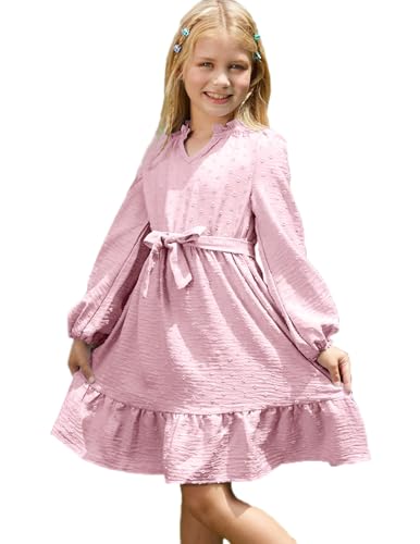 PATPAT Kleider für Mädchen in Prinzessin-Stil - Langarm Mädchenkleider mit dem perfekten Design für Teenager - Kleid Mädchen mit V-Ausschnitt für Geburtstag und Party, Rosa, 11-12 Jahre, 146-152 von PATPAT