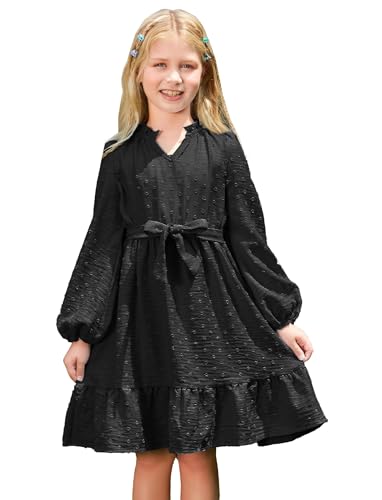 PATPAT Kleider für Mädchen in Prinzessin-Stil - Langarm Mädchenkleider mit dem perfekten Design für Teenager - Kleid Mädchen mit V-Ausschnitt für Geburtstag und Party, Schwarz, 7-8 Jahre, 122-128 von PATPAT