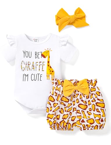 PATPAT Kleinkind Baby Kleidung Mädchen Tufkleid, Kurzarm Rüschen Kurzarm Cartoon Strampler Neugeborene + Bowknot Shorts + Stirnband Newborn Baby Set, 3Pcs Sachen Sommer Geschenk von PATPAT