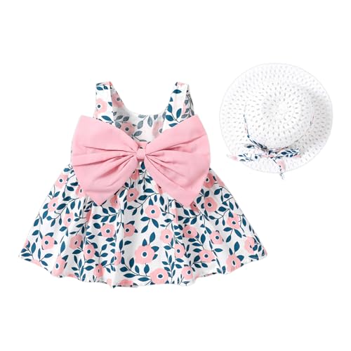 PATPAT Kleinkind Baby Mädchen Kleid & Strohhut Set, Sommerkleid Sonnenkleid Tutu Kleider Ärmellos Rückenfrei Geburtstagsfeier Hochzeit Fest von PATPAT