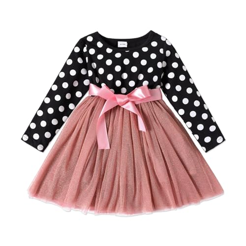 PATPAT Kleinkind Mädchen Kleid Langarm, Baby Mädchen Kleidung, Gepunktetes Schleifen-Stickerei-Kleid für Geburtstag, Party, Bankett, Hochzeit, Feiertag, Festzug, Gr.92-116 von PATPAT