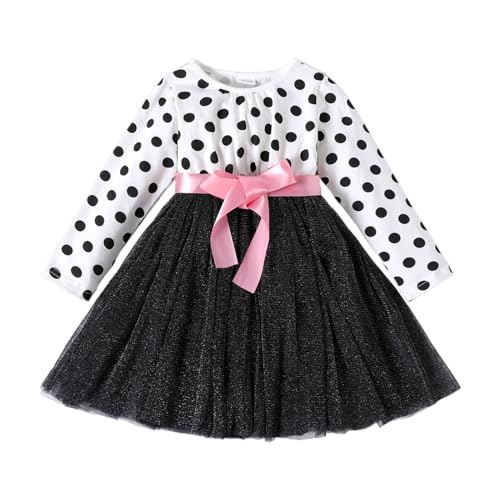 PATPAT Kleinkind Mädchen Kleid Langarm, Baby Mädchen Kleidung, Gepunktetes Schleifen-Stickerei-Kleid für Geburtstag, Party, Bankett, Hochzeit, Feiertag, Festzug, Gr.92-116 von PATPAT