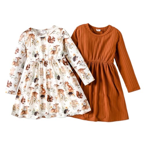 PATPAT Kleinkind Mädchen Kleid Set Langarm, Packung mit 2 Kleinkind-Kleidern Kleid Mädchen Festlich mit Schmetterlingsmuster für Geburtstag, Party, Bankett, Hochzeit, Urlaub Farbblock 4-5 Jahre von PATPAT