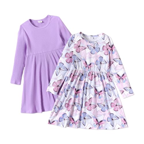 PATPAT Kleinkind Mädchen Kleid Set Langarm, Packung mit 2 Kleinkind-Kleidern Kleid Mädchen Festlich mit Schmetterlingsmuster für Geburtstag, Party, Bankett, Hochzeit, Urlaub Lila 3 Jahre von PATPAT