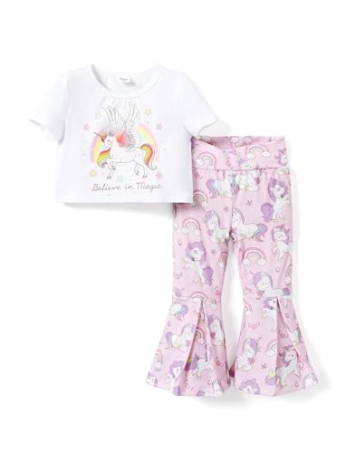 PATPAT Kleinkind Mädchen Süße Unicore Outfit Hyper-taktile Anzug Floral Print Bell Bottoms Mädchen Geburtstag Outfit Mädchen ausgestellte Hosen Frühling Sets von PATPAT