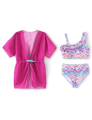 PATPAT Mädchen 3-teiliges Bikini-Tankini-Badeanzug-Set, niedlicher Badeanzug mit schnell trocknendem Kimono-Bindeüberwurf für 5-12 Jahre von PATPAT