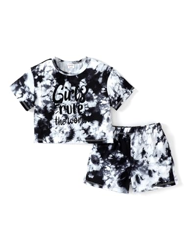 PATPAT Mädchen Bekleidungssets Batik Sommer, Geschenk Einschulung Schulanfang, Kurzarm T-Shirt und Shorts Mädchen Kinder Kleidung, Sport Freizeit Komfort Kinderkleider Sportanzug Schwarz8-9 Jahre von PATPAT