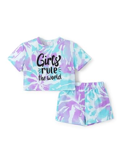 PATPAT Mädchen Bekleidungssets Batik Sommer, Geschenk Einschulung Schulanfang, Kurzarm T-Shirt und Shorts Mädchen Kinder Kleidung, Sport Freizeit Komfort Kinderkleider Sportanzug Violett6-7 Jahre von PATPAT