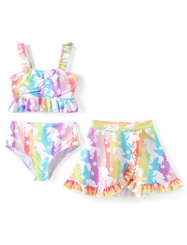 PATPAT Mädchen Bikini Badeanzüge Set, 3-teiliges Tankini-Set mit Top, Shorts Und Baderock Bademode, Kinder Badebekleidung mit Blumenmuster Schwimmanzug, Größe 5–12 Jahre von PATPAT