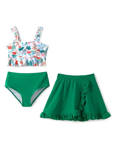 PATPAT Mädchen Bikini Badeanzüge Set, 3-teiliges Tankini-Set mit Top, Shorts Und Baderock Bademode, Kinder Badebekleidung mit Blumenmuster Schwimmanzug, Größe 5–12 Jahre von PATPAT