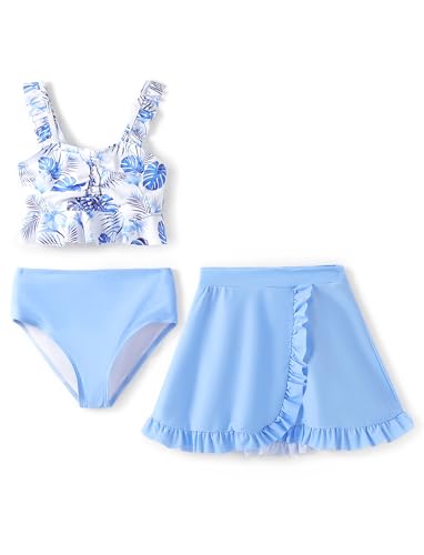 PATPAT Mädchen Bikini Badeanzüge Set, 3-teiliges Tankini-Set mit Top, Shorts Und Baderock Bademode, Kinder Badebekleidung mit Blumenmuster Schwimmanzug, Größe 5–12 Jahre von PATPAT