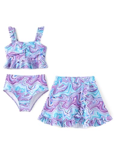 PATPAT Mädchen Bikini Badeanzüge Set, 3-teiliges Tankini-Set mit Top, Shorts Und Baderock Bademode, Kinder Badebekleidung mit Blumenmuster Schwimmanzug, Größe 5–12 Jahre von PATPAT
